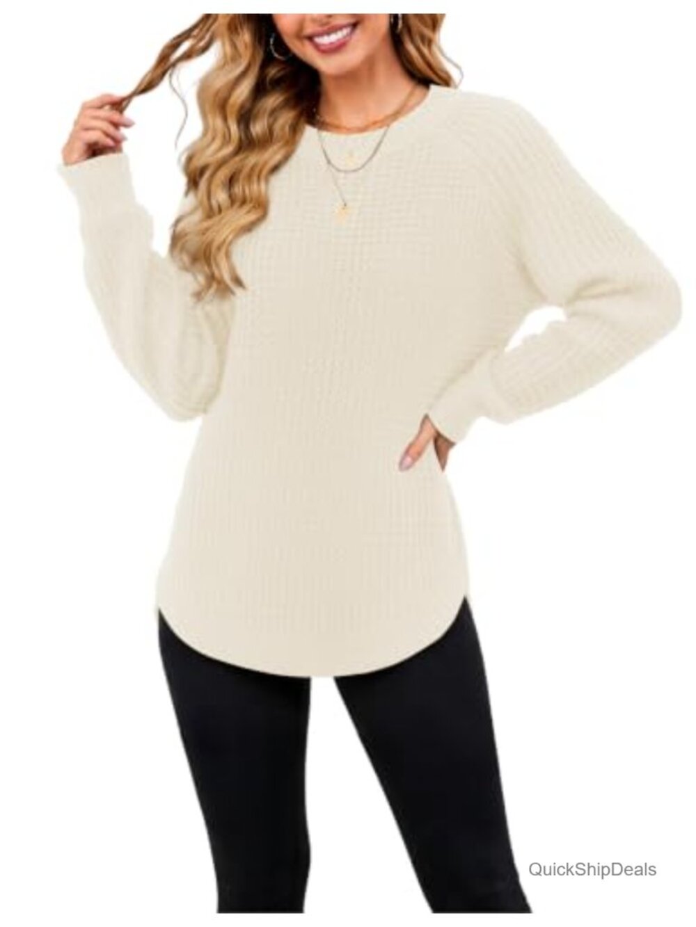 Womens Chunky Waffle Knit Sweater Long Pullover Raglan Sleeve Crew Neck